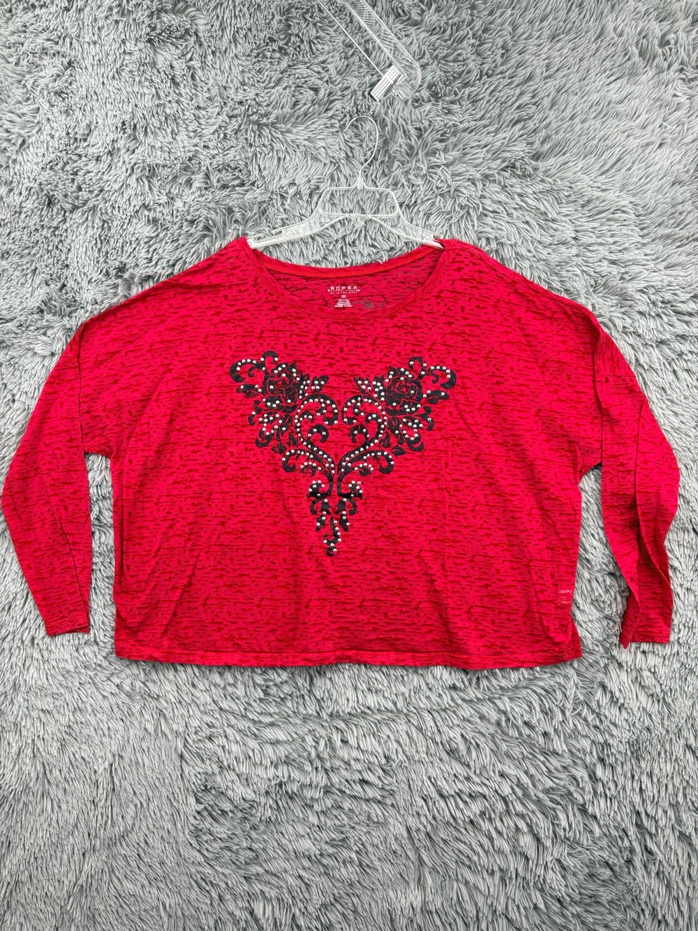 Roper Wear The West Top Womens 3X Bejeweled Sparkle Knit Sheer Burnout Red Rose